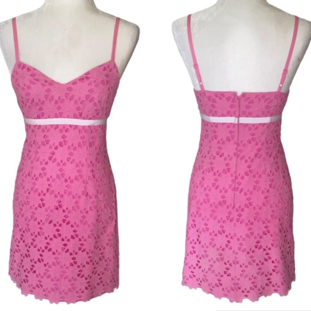 HTF Lilly Pulitzer Pink Floral Eyelet Lace White Ribbon Sheath Mini Dress - 0 - Picture 1 of 9